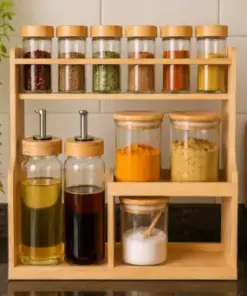 Premium Bamboo Kitchen Organizer Rack with Spice Jars & Oil Dispenser Set
