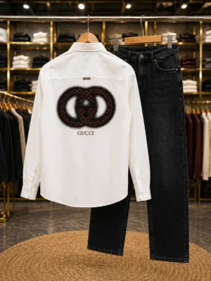 Men’s Designer Printed Shirt and Black Denim Jeans – Modern Stylish Combo Set