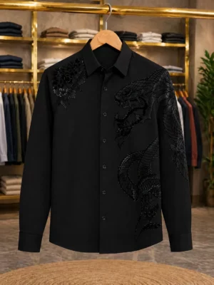 Men’s Elegant Embossed Designer Shirt – Black Textured Party Wear Full Sleeve Shirt