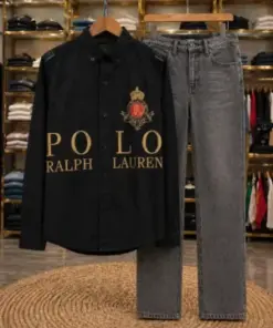Men’s Modern Logo Print Shirt Set – Black Shirt with Grey Denim Jeans