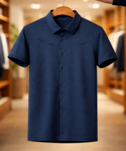Men’s Navy Blue Casual Button Shirt – Minimal Bird Embroidery