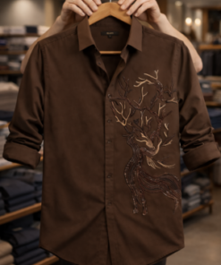 Men’s Designer Shirt – Artistic Deer Embroidered Casual Shirt