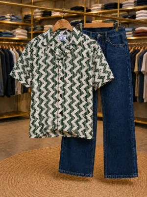 Men’s Stylish Zig-Zag Print Shirt – Green & White Half Sleeve Casual Wear