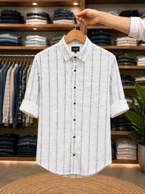 Men’s Stylish Printed Shirt – White & Blue Textured Half Sleeve Shirt