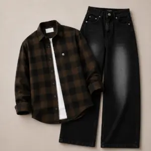 Bold Brown Checkered Overshirt and Faded Black Wide-Leg Jeans Set