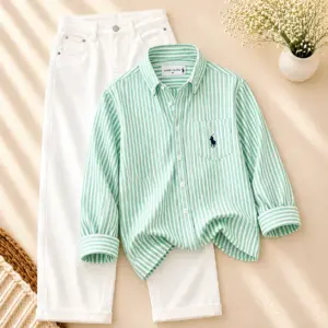 Refreshing Mint Green Striped Shirt and Crisp White Trousers Set