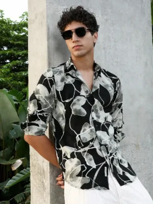 Manhattan Noir – Luxe Abstract Leaf Print Resort Shirt