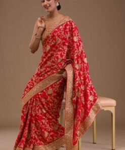 Red Swarovski Semi Crepe Designer Saree